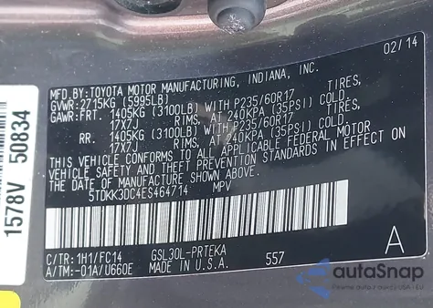 2014 Toyota Sienna Le V6 8 Passenger z USA, uszkodzony, nr VIN 5TDKK3DC4ES464714